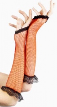 Gloves - Red Mesh with Black Lace - Fingerless