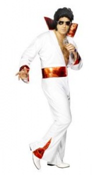 XL- Elvis Jumpsuit Costume - White with Red Trim