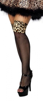 Stockings - Fishnet Thigh High Stockings with Leopard Print Top